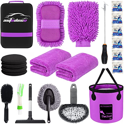 22Pcs Car Wash Cleaning Tools Kit Car Detailing Set with Canvas Bag Purple Collapsible Bucket Wash Mitt Sponge Towels Tire Brush Window Scraper Duster Complete Interior Car Care Kit - color: Purple