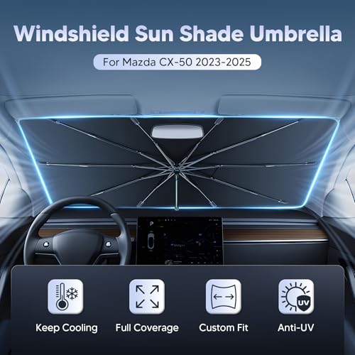Autorder Windshield Sun Shade Umbrella for 2023-2026 Mazda CX-50 CX50 Accessories,Upgraded Ice Crystal Material,Easy Setup Umbrella Sunshade for Car Windshield,100% Sun Blocking - size: Mazda CX-50 2023-Present