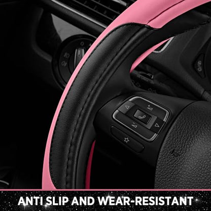 Road Comforts Leather Steering Wheel Cover - Made with PVC Leather - Anti-Slip, Universal Fit 14 1/2 inches to 15 inches - Pink - color: Pink