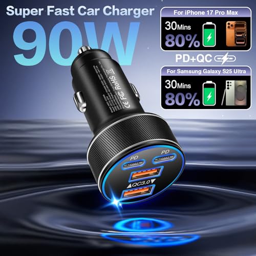 USB C Car Charger, Multi Port 90W Super Fast Charging Cigarette Lighter Adapter, 4-in-1 Dual USB-C & USB-A Car Phone Power Adapter for iPhone 17/16/15/Pro Max, iPad, Samsung Galaxy S25 (Black, 1-Pack) - size: 1-Pack