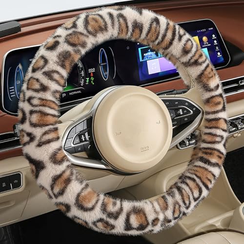 Fluffy Cheetah Car Steering Wheel Cover Luxurious Faux Fur Leopard Print Cute Wheel Protector Universal 15 Inch Fit for Vehicle, Car, Auto, SUV Winter Warm (Beige) - color: Beige