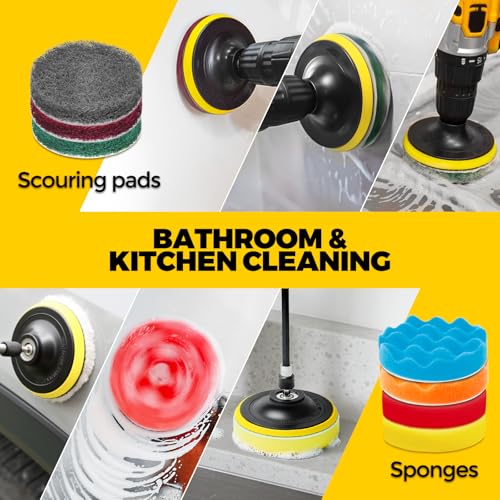 Holikme 22Pack Drill Brush Attachments Set, Scrub Pads & Sponge, Buffing Pads, Power Scrubber Brush, Car Polishing Pad Kit,Wax Applicator Pad,Car Cleaning Kit,Cleaning Supplies,Masonry Brushes,White - color: White