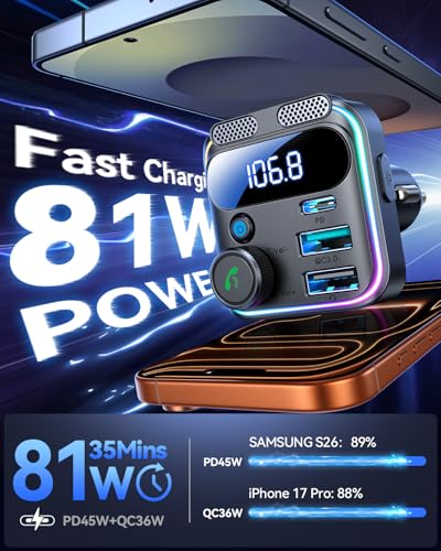JOYROOM Bluetooth 6.0 Car Adapter FM Transmitter 81W Bluetooth Cigarette Lighter Adapter [PD45W&QC36W] Fast Charging Dual Mics HiFi Bass LED Display Wireless Radio Hands-Free Calling Support USB Drive - color: Black
