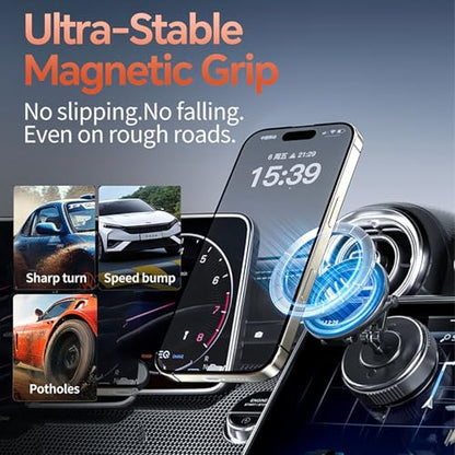 Compatible MagSafe Car Mount - GEATEE Vacuum Magnetic Phone Holder for Car, 360° Adjustable Foldable Car Dash Mount, Reinforced 110+LBS Suction Phone Mount for iPhone 17/16/15/14/13/12&Android, Carbon - color: Carbon Fiber
