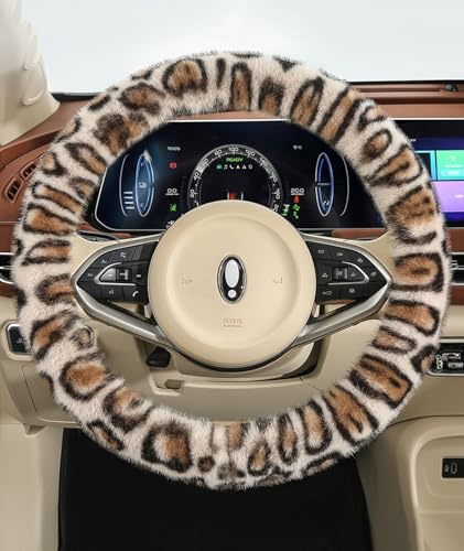 Fluffy Cheetah Car Steering Wheel Cover Luxurious Faux Fur Leopard Print Cute Wheel Protector Universal 15 Inch Fit for Vehicle, Car, Auto, SUV Winter Warm (Beige) - color: Beige