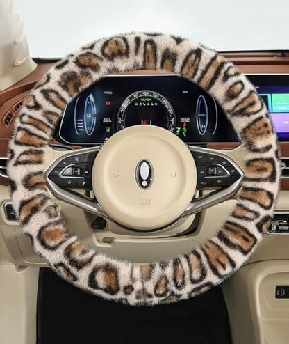 Fluffy Cheetah Car Steering Wheel Cover Luxurious Faux Fur Leopard Print Cute Wheel Protector Universal 15 Inch Fit for Vehicle, Car, Auto, SUV Winter Warm (Beige) - color: Beige
