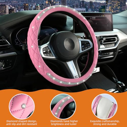 Diamond Steering Wheel Cover，14.5-15 Inch Car Steering Wheel Cover with Bling Crystal Rhinestone，Delicate and Anti-Slip Sparkly Car Wheel Protector for Women Girl，Pink - color: Pink