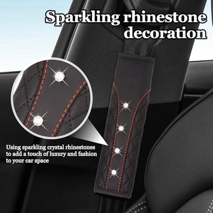 Hovom 2PCS Bling Car Seat Belt Cover Pad, Leather Seatbelt Covers for Cars, Soft Safety Seatbelt Shoulder Strap Covers, Rhinestone Auto Seat Belt Protector Cushion for Women Girls (Black) - color: Black