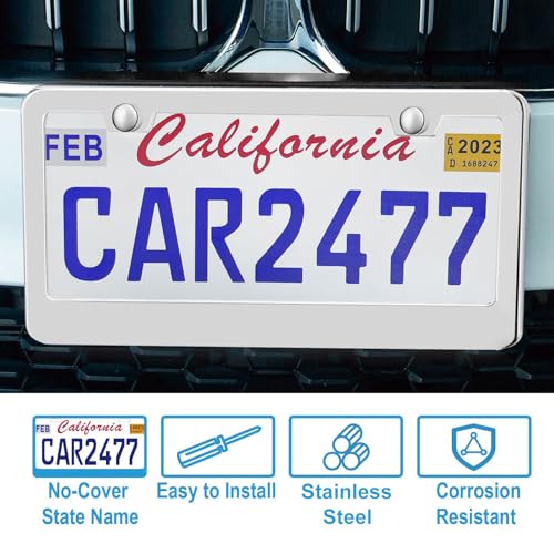 2 Pack Silver License Plate Frames, 2 Holes Rust-Proof Chrome License Plate Holder, Lengnoy Universal Car Stainless Steel Polish Mirror License Plate Cover for Women Man with Screws Caps - color: Silver