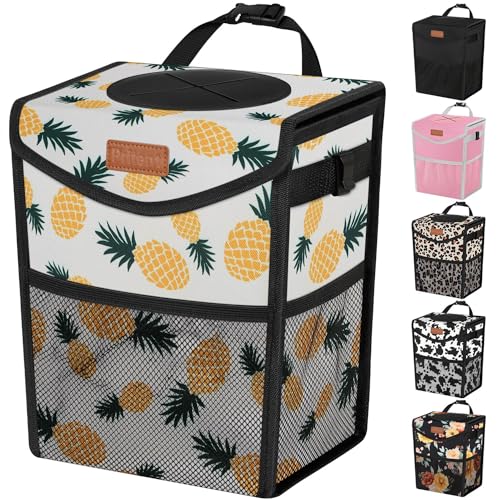 Pritent Car Trash Can with Lid, Cute Leakproof Car Trash Garbage Bag Hanging Vehicle Trash Bin Small Portable Automotive Garbage Cans Organizer for Back/Front Seat(Trapezoid,Pineapple Print - color: Pineapple Print, size: 2 Gallons