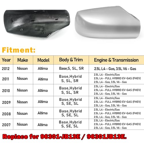 Moonlinks Mirror Cover Replacement Compatible With Nissan Altima 2.5L 2007 2008 2009 2010 2011 2012, Silver Right Passenger Side Clip-on Mirror Cap WITHOUT Turn Signal, Replace for 96301-JB13E(Silver) - color: Right Silver