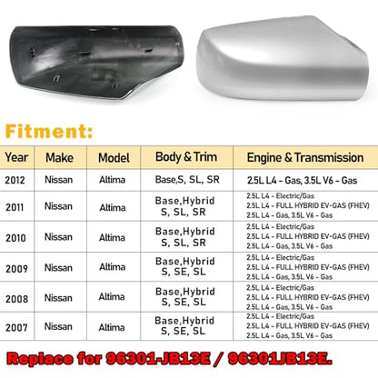 Moonlinks Mirror Cover Replacement Compatible With Nissan Altima 2.5L 2007 2008 2009 2010 2011 2012, Silver Right Passenger Side Clip-on Mirror Cap WITHOUT Turn Signal, Replace for 96301-JB13E(Silver) - color: Right Silver