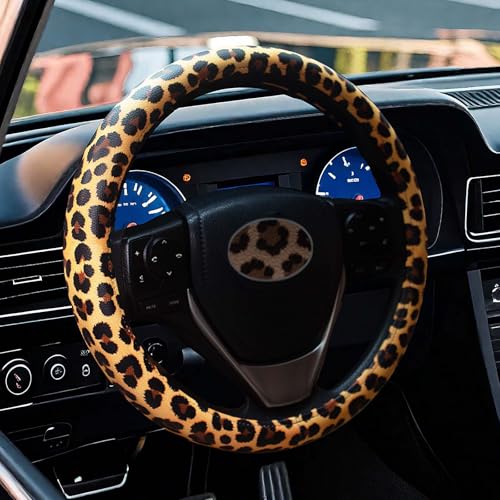 Universal Leather Leopard Cheetah Steering Wheel Cover Women 14.5-15 inch Leopard car Accessories Western Anime Brown Cute Wheel Cover Hip Hop Anti-Slip Car Protecter for Men - color: Leopard Print