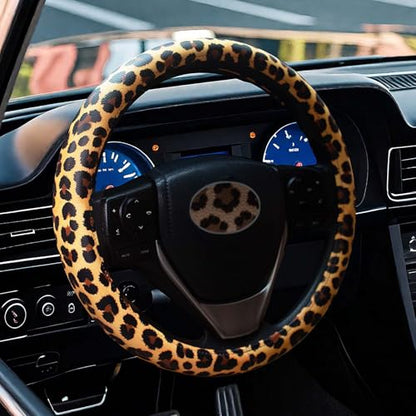 Universal Leather Leopard Cheetah Steering Wheel Cover Women 14.5-15 inch Leopard car Accessories Western Anime Brown Cute Wheel Cover Hip Hop Anti-Slip Car Protecter for Men - color: Leopard Print
