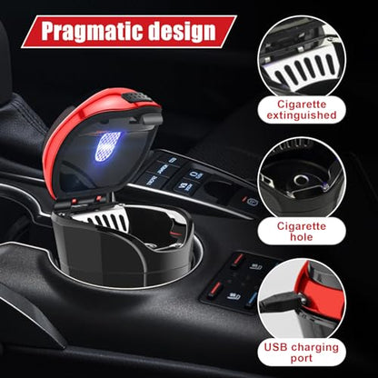 Car Ashtray with Lid, Detachable USB Rechargeable Auto Cigarette Lighter with Blue LED Light, Portable Smell Proof Stainless Car Ash Tray, Mini Automotive Trash Can (Red) - color: Red