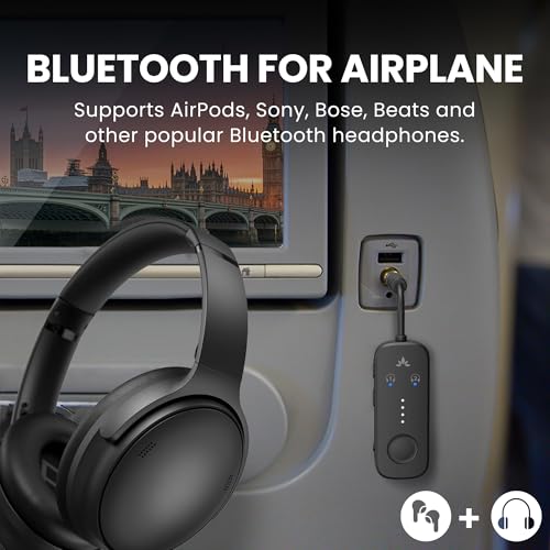Avantree Relay - Premium Airplane Bluetooth Adapter with Advanced Qualcomm Chipset, 2 Headphones Support, 25hrs Play Time, aptX Adaptive & HD Audio Transmitter for Airpods, Bose & Travel Flight - color: 1-Black