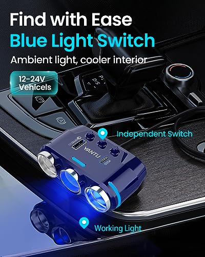 YANTU QC3.0&PD 40W Cigarette Lighter Adapter, 3-Socket 140W Cigarette Lighter Splitter with 12v USB Outlet,Car Charger Adapter with Double/Dual/USB C Charger Multi Port/Plug Outlet for Car Devices - color: B39-120W-blue