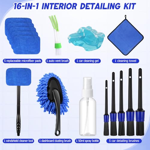 16 Pcs Windshield Cleaner Tool, Car Cleaning Kit with Various Detailing Brushes Set Spray Bottle Cleaner Towel Cleaning Gel Accessories Car Interior Detailing Kit for Windows Vents(Blue) - color: Blue