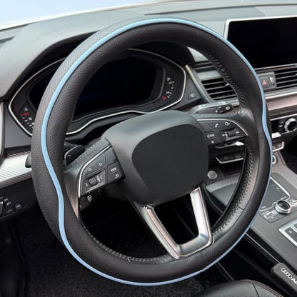 HAOTULE Leather Steering Wheel Cover， with Anti-Slip Stripe Design - Enhanced Grip, Fashion Style, Safe, Non-Slip, Breathable. Upgrade car Interior，Black Blue - color: Black Blue