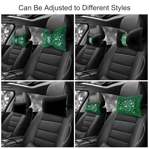 surpassme 2PCS Rhinestone Car Headrest Neck Pillow for Driving with Bling Bling Crystal Bow Pillow Car Accessories for Women (Green) - color: 2 Green Pillows