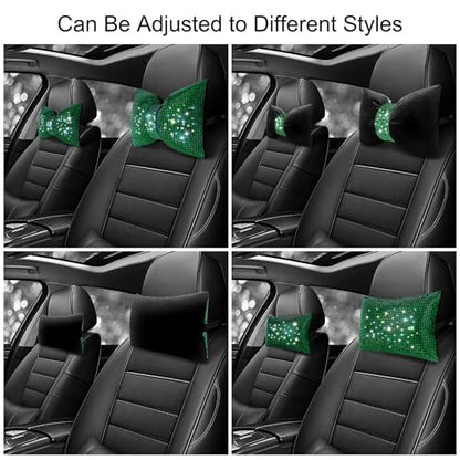 surpassme 2PCS Rhinestone Car Headrest Neck Pillow for Driving with Bling Bling Crystal Bow Pillow Car Accessories for Women (Green) - color: 2 Green Pillows