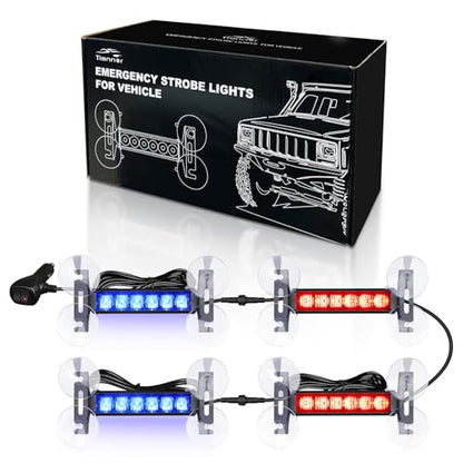 4X 6.1 inch Emergency Strobe Police Lights Red/Blue 24 LED Waterproof Hazard Warning Flashing Safety Dash Front/Rear/Side Windshield Lights for First response vehicle Trucks Car - color: Red/Blue