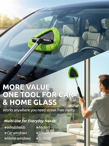 TAKAVU Car Window Cleaning Tool, Windshield Wiper Cleaner with Extendable Long-Reach Handle, 3 Washable Reusable Microfiber Bonnets, Car & Home Inside Interior Exterior Use - Lint Free (Green) - color: Black & Green