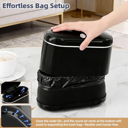 PAVSTINE Mini Trash Can for Desk with 5 Rolls of Trash Bags, Small Press-Top Countertop Garbage Bin, Removable Waste Basket for Bedroom, Vanity, Coffee Table, Kitchen (Black Full-Lid) - color: Black Full-Lid