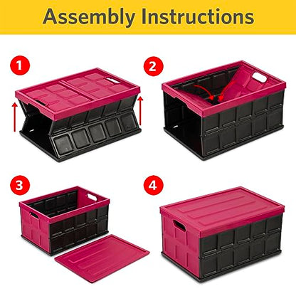 Glad Collapsible Storage Bin with Lid - 48L Foldable Plastic Box for Garage, Car Trunk, and Organization - Stackable Lidded Container with Handles, Purple - color: Purple
