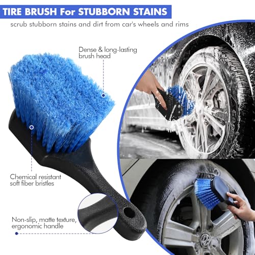 62'' Car Wash Brush with Long Handle, Scratch-Free Car Wash Mop Kit with Wheel Tire Brush, Wash Mitt Towel, Windshield Squeegee, Car Cleaning Brush Kit for Cars RV Truck Boat
