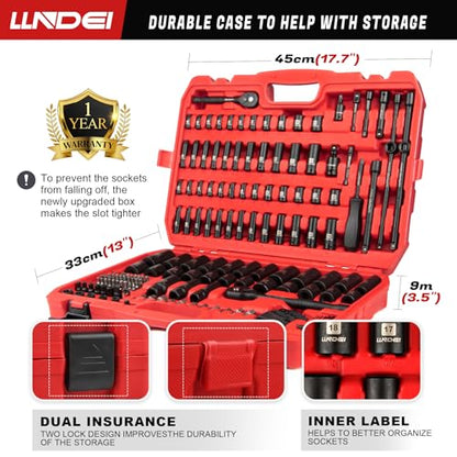 LLNDEI 1/4 & 3/8 Inch Drive Impact Socket Set, 186 Pieces Metric and Standard Full Sockets, CR-V Deep & Shallow Sockets Tool Set with Ratchet Wrench Handle, Spark Plug Socket, Bits for Mechanic - size: 186-Piece 1/4" & 3/8" Drive Socket Set