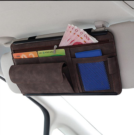 JEYODA Car Sun Visor Organizer Glasses Case Storage Bag note Holder Car suede Zipper Card Hold Car Organizers and Storage (brown) - color: brown