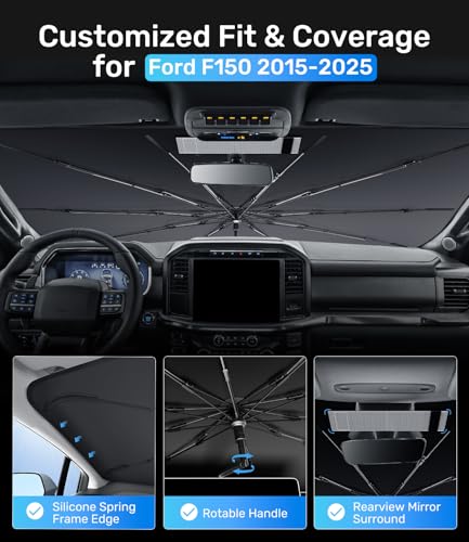 Zanch Upgrade Windshield Sun Shade, Custom Fit for Ford F150 2015-2025 [Titanium-Silver Reflective Coating] Blocks 99% UV & Heat, Sunshade Umbrella for F150 2015 ... 2022 2023 2024 2025 - size: For Ford F150 (2015-2025)