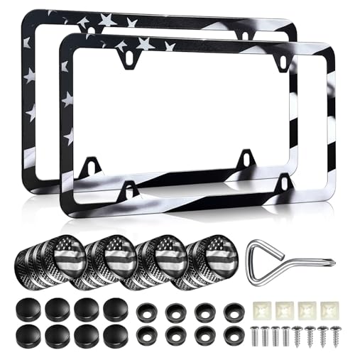 Black American Flag License Plate Frames - 2 Pack Patriotic Matte Gloss Stars Stripe US Flag Stainless Steel Car Tag Frame Holder Covers with 4 Fluttering Flag Valve Stem Caps, Screws Fasteners - color: Black American Flag B