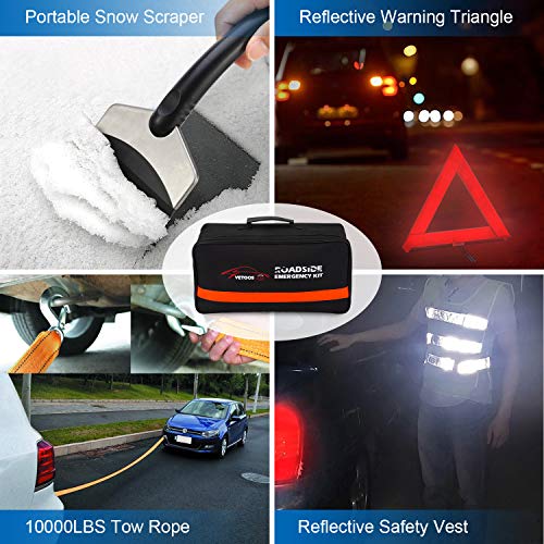 Vetoos Roadside Emergency Car Kit with Jumper Cables, Auto Vehicle Safety Road Side Assistance Kit Essentials, Winter Car Kit for Women and Men, with Mini Car Tool Set, Dial Tire Pressure Gauge - style: Essential Kit + Mini Tool Set