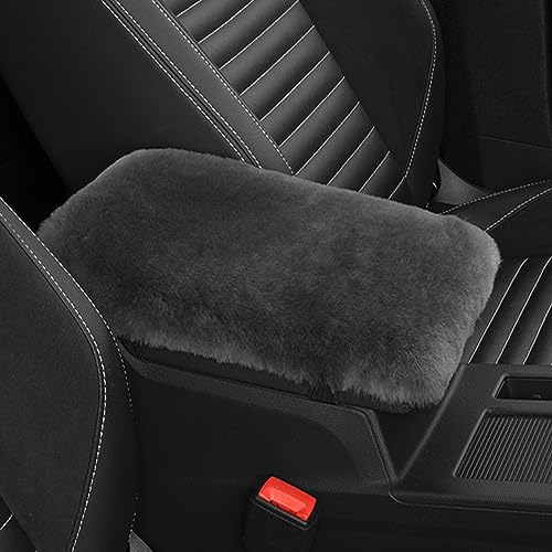 Genuine Sheepskin Center Console Cover Pad Genuine Furry Fluffy Wool Fur Car Armrest Cover Protector Universal Fit for SUV/Truck/Car - color: Shearling-Dark Gray