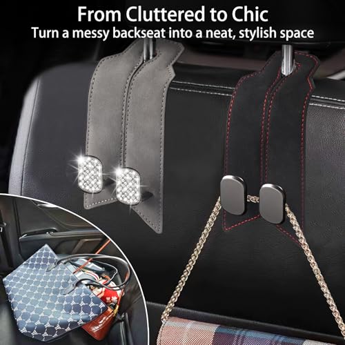 2Pcs Car Headrest Hooks with Premium Leather, Upgraded Double Metal Hooks with Anti-Drop Design, Universal Back Seat Hanger for Bags, Coats, Purses and Groceries (Classic Black) - color: Classic Black 2Pcs