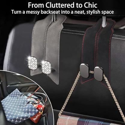 2Pcs Car Headrest Hooks with Premium Leather, Upgraded Double Metal Hooks with Anti-Drop Design, Universal Back Seat Hanger for Bags, Coats, Purses and Groceries (Classic Black) - color: Classic Black 2Pcs