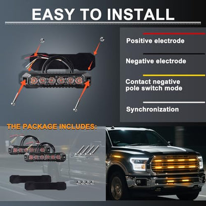 6-LED Amber Emergency Strobe Light Bar, 2PCS Safety Warning Flashing Beacon Sync Feature Lights, Caution Hazard Grille Surface Mount Lamp for Vehicles Trucks Buses ATVS RV Tows Cars