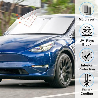 Windshield Sun Shade Custom Fit 2025 2026 Model Y Juniper/2024 Model 3 Highland /2017-2025 2026 TES-la Model Y Model 3 Accessories Foldable Front Window Sunshade Keeps Car Cool - size: For Model Y/3 2016-2025