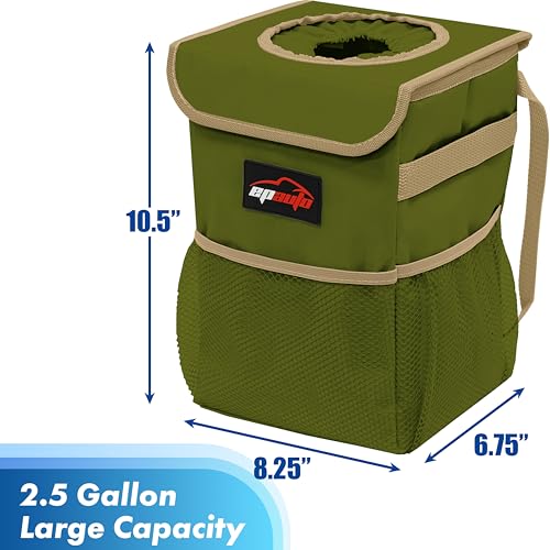 EPAuto Waterproof Car Trash Can with Lid and Storage Pockets, 2.5 Gallon Leakproof, Green - color: Green
