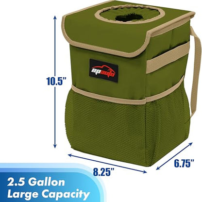 EPAuto Waterproof Car Trash Can with Lid and Storage Pockets, 2.5 Gallon Leakproof, Green - color: Green