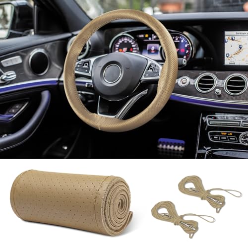 Leather Steering Wheel Cover Lace Up, Car Wheel Cover, Universal Car Steering Wheel Protector with Needle Thread, 15 inch Steering Wheel Wrap Car Interior Accessories for Car Truck (Beige, Hole) - color: Beige, size: 15 inch - Hole