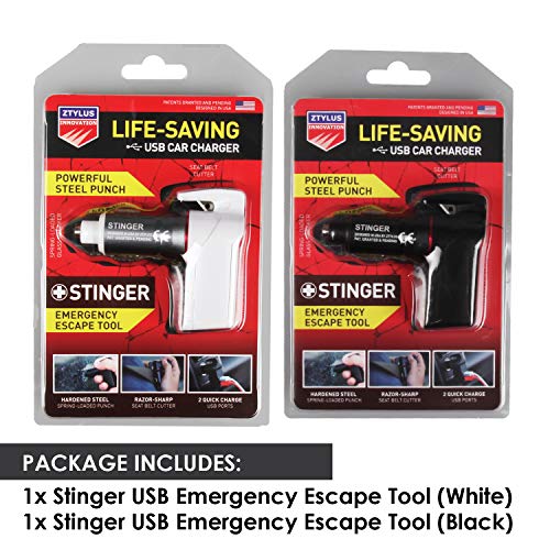 Stinger USB Emergency Escape Tool: Life-Saving Rescue Car Charger, Spring Loaded Window Breaker, Seat belt Cutter, Dual USB Ports Max. 2.4A (1x Black and 1x White Stinger) - color: White & Black 2pcs Combo Deal