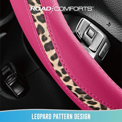Road Comforts Steering Wheel Cover - Made with PVC Leather and Leopard Fabric - Universal 14 1/2 inches to 15 inches for Most Automotive Steering Wheel - Cheetah Print -Hot Pink - color: Round-Hotpink