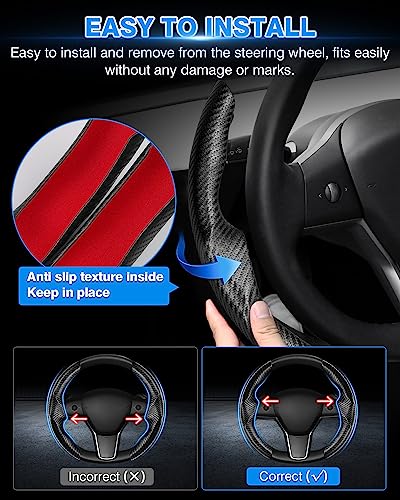 Shademax for Tesla Steering Wheel Cover Tesla Model Y/3 2017-2025 2026 (Fit Model Y Juniper 2026/ Model 3 Highland) Carbon Fiber Steering Wheel Cover Protector Anti-Slip Model Y/3 Accessories (Black) - color: A-Black (Carbon Fiber )