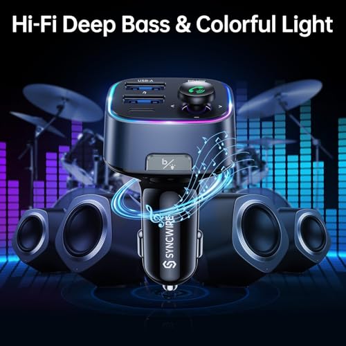 Syncwire Bluetooth 5.3 FM Transmitter Car Adapter 48W(PD 36W & 12W) [Light Switch] [Hi-Fi Deep Bass] [Fast Charging] Wireless Radio Music Adapter LED Display Hands-Free Calling Support USB Drive - color: Dark Blue, style: 48W