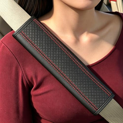 Seat Belt Pads Leather Seat Belt Covers More Comfort Driving Cushion Helps Protect Your Neck and Shoulders Suit for Car, Truck, SUV, Airplane,Camera Backpack Straps-2Pcs - color: Red