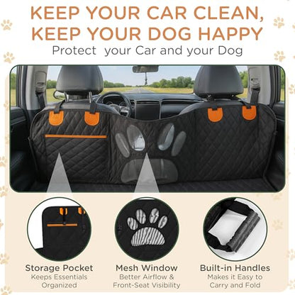 Pet Seat Cover for Back Seat – Waterproof Backseat Cover for Dogs in Car with Mesh Window, Oxford Fabric, Storage Pocket, Side Flaps & Carry Handles