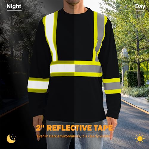High Visibility Class 3 Shirts，Hi Vis Safety Long Sleeve Quick Dry Mesh Construction Work - color: Black, size: X-Large